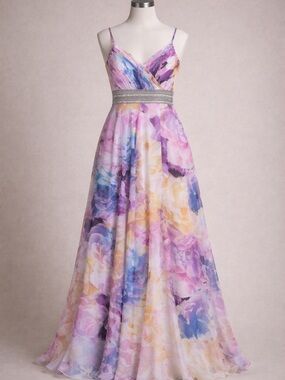 Xscape Purple, Pink and Blue Floral Maxi Dress